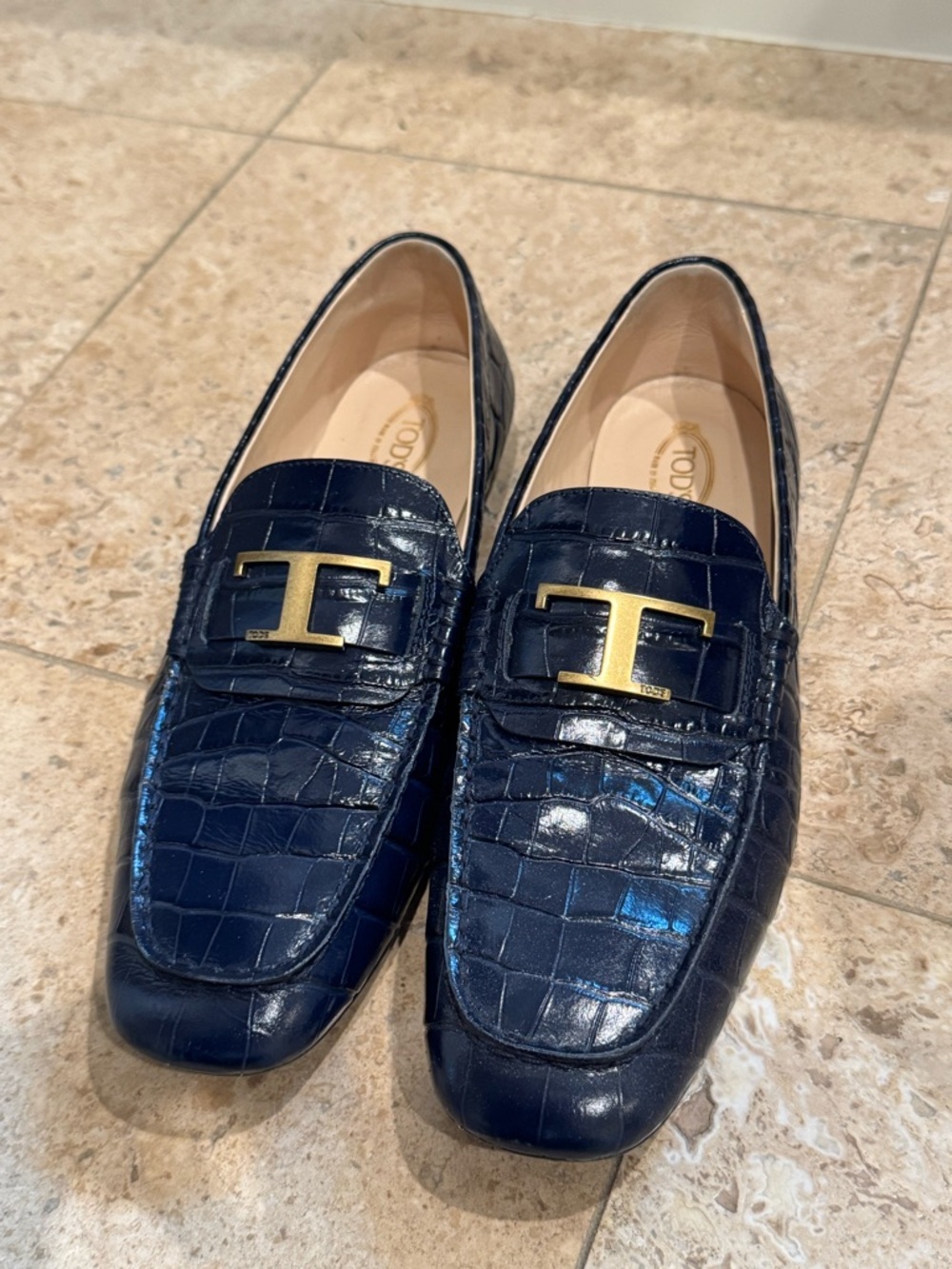 Tod's Navy Croc-Embossed Leather Loafers with Gold T Buckle